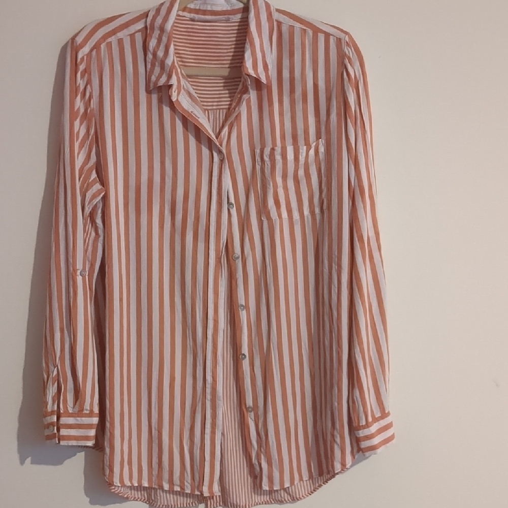 Orange and White Striped Button-Up Shirt